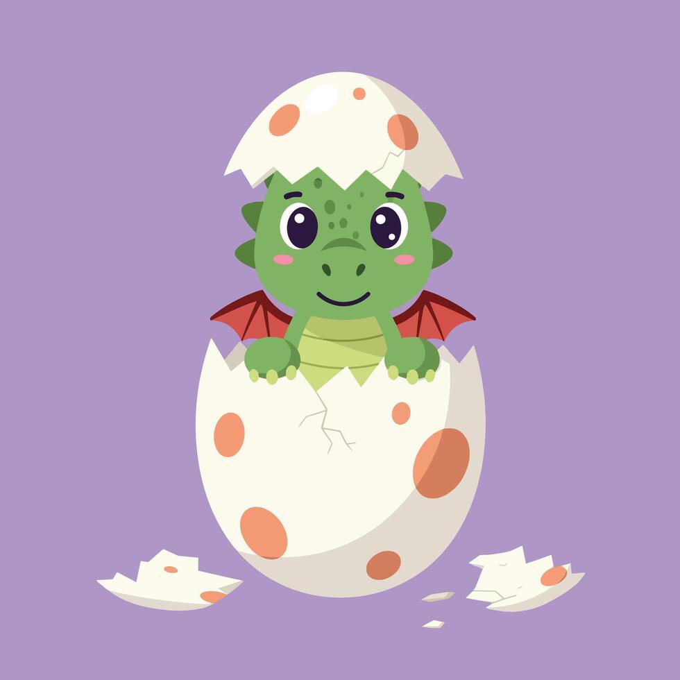 Cute baby dragon hatching from spotted egg with purple background illustration vector
