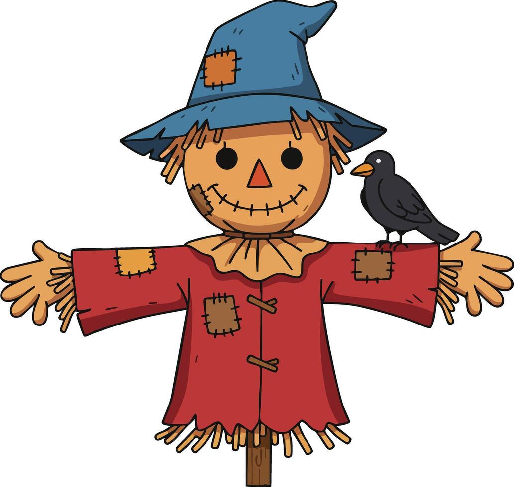 Scarecrow with blue hat and crow sitting on arm autumn Halloween decoration illustration vector
