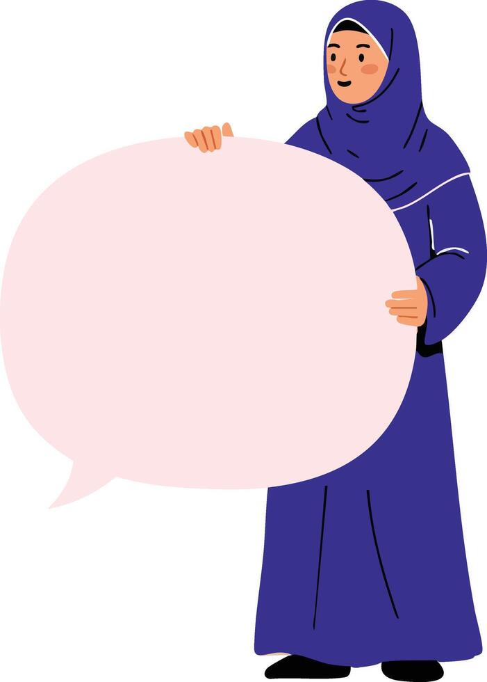 Woman in blue hijab holding blank speech bubble illustration for communication and expression concepts vector