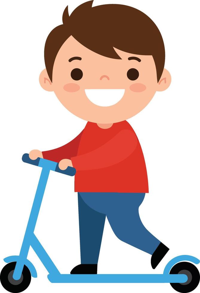 Boy riding blue scooter with red shirt and navy pants cheerful child playing outdoors illustration vector