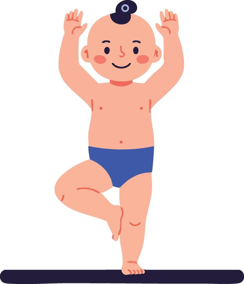 Baby boy practicing yoga balance pose in blue shorts on white background illustration vector