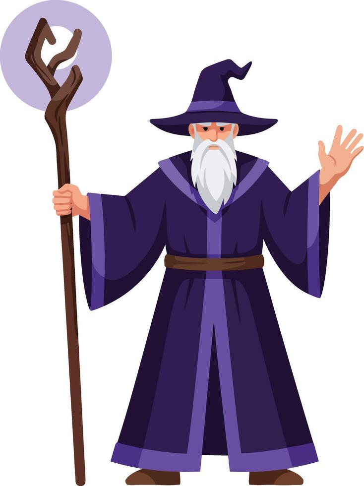 Wizard character in purple robe with staff casting magic spell illustration vector