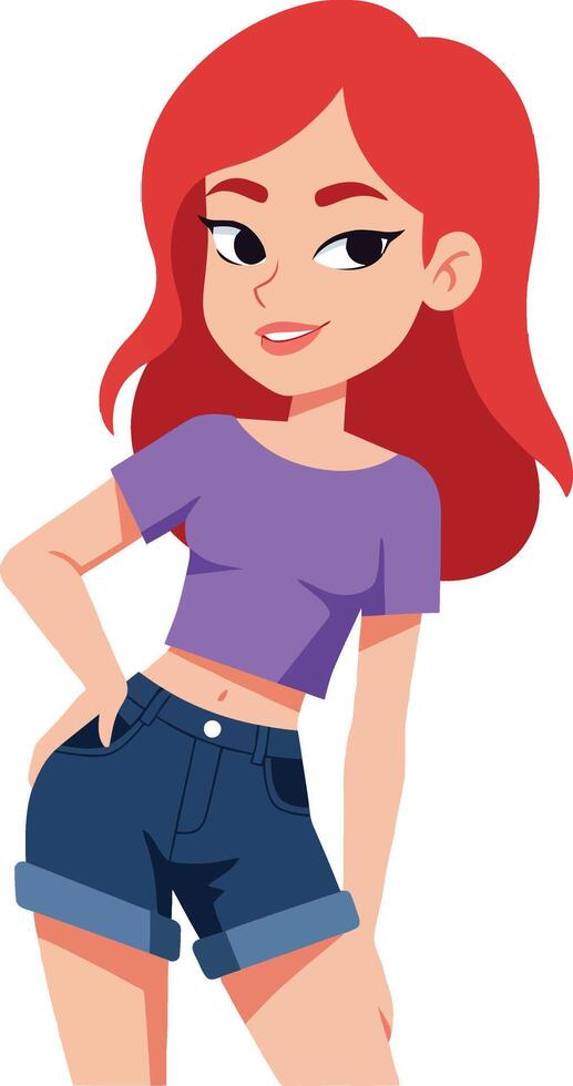 Redhead woman with casual purple shirt and denim shorts standing confident illustration vector