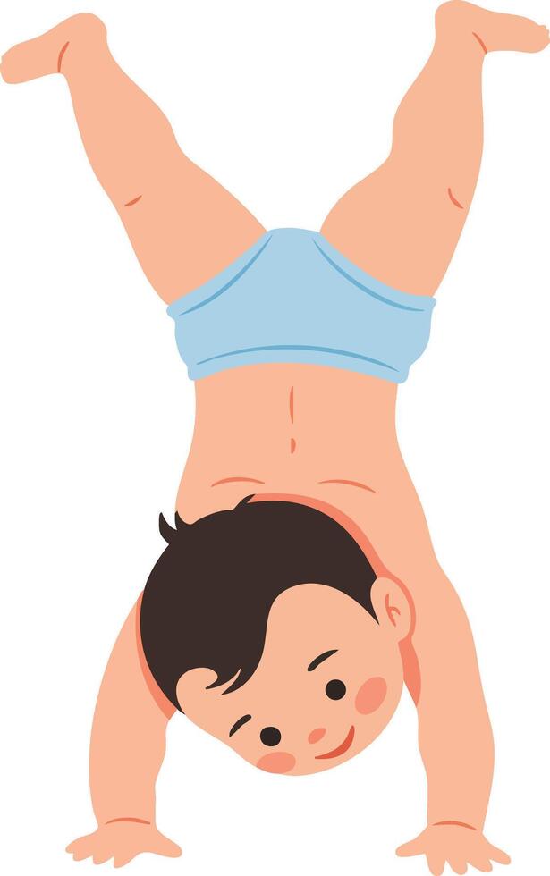 Baby boy doing handstand in blue shorts playful toddler balancing on hands illustration vector