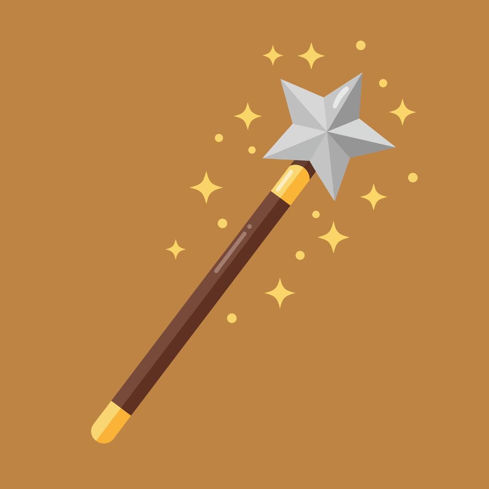 Magic wand with silver star and golden sparkles fantasy tool for enchantment and fairy tales illustration vector
