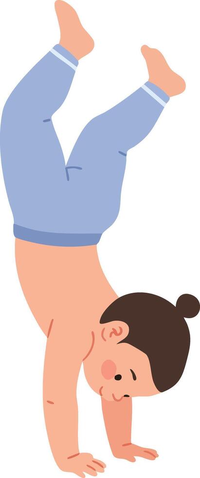 Child doing handstand in blue pants and bare torso playful activity illustration vector