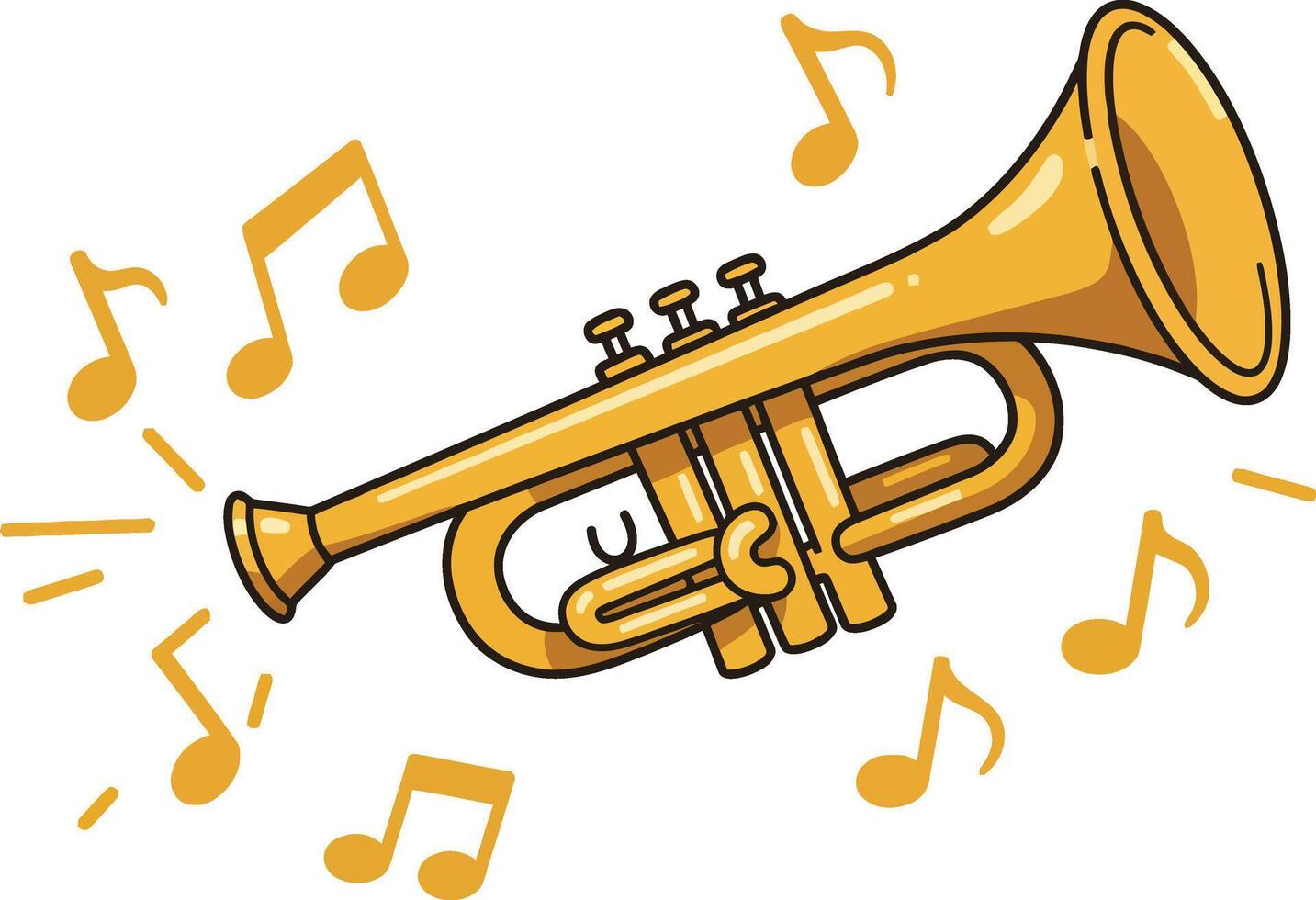 Trumpet musical instrument with sound notes in yellow illustration drawing vector