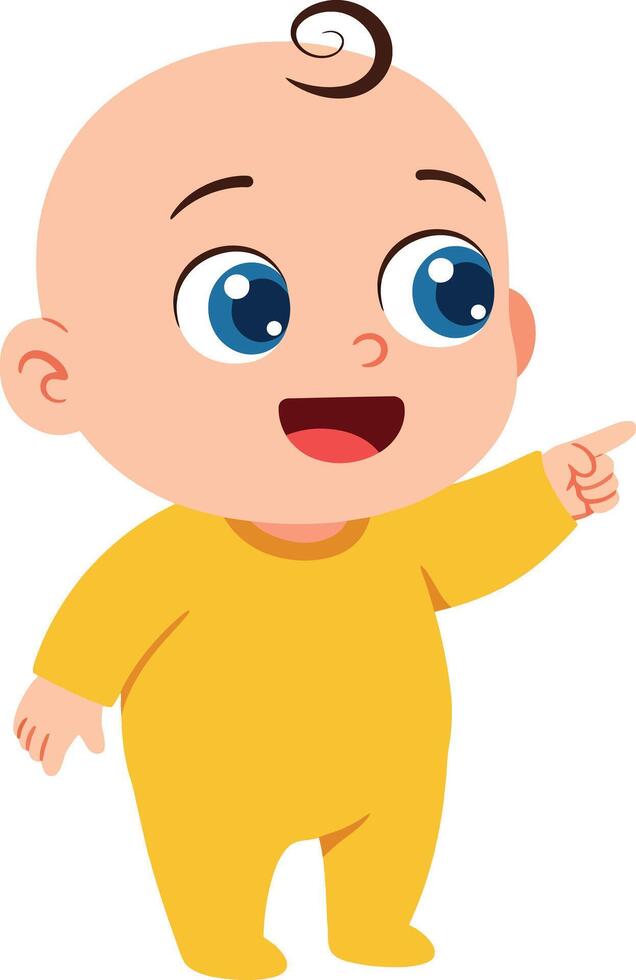 Cute baby boy in yellow outfit pointing finger smiling illustration cheerful toddler character vector