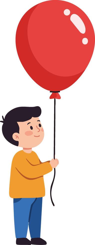 Small boy holding bright red balloon standing isolated on white background illustration vector