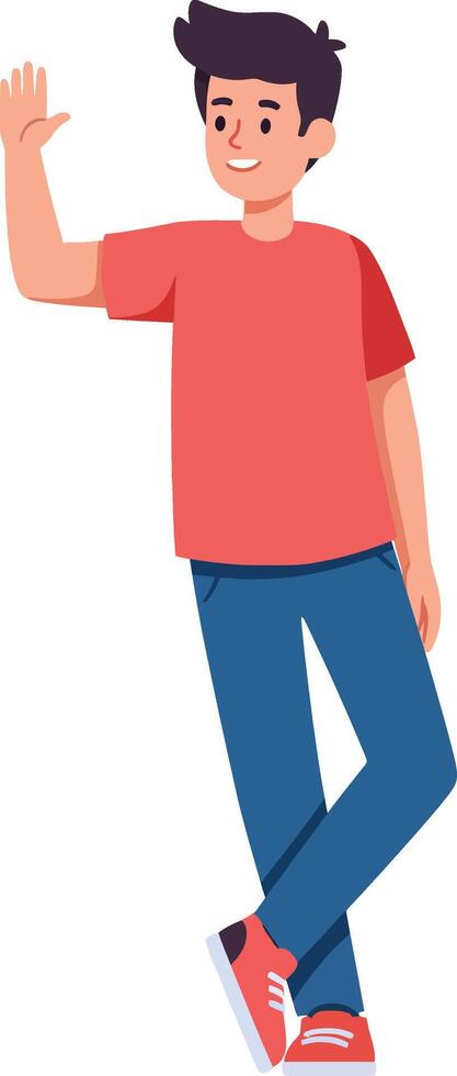 Young man waving hand standing casually in red shirt and blue pants smiling illustration vector