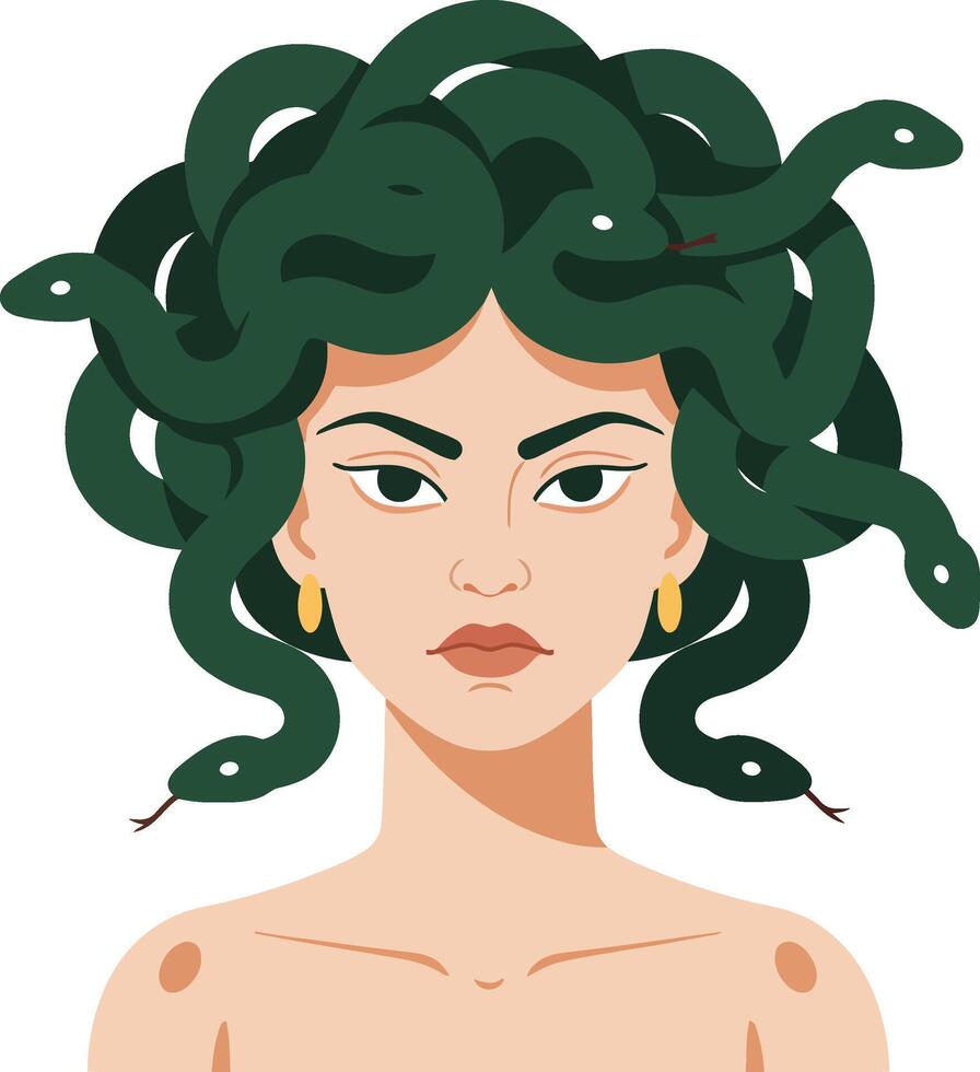 Medusa mythological figure with snake hair illustration in neutral expression and gold earrings design vector