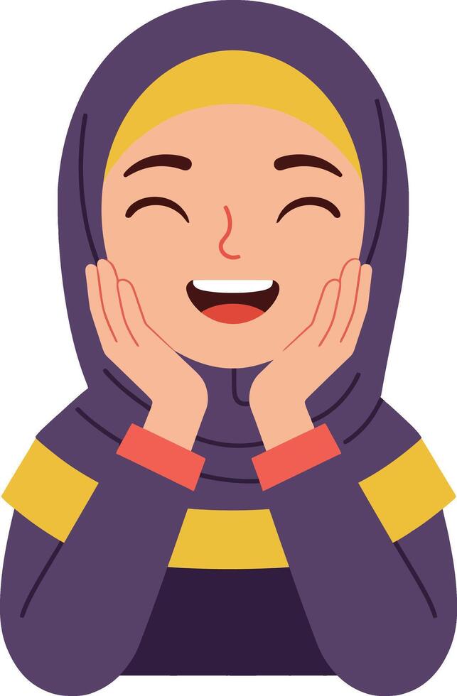 Smiling young woman wearing purple and yellow hijab expressing happiness and joy illustration vector