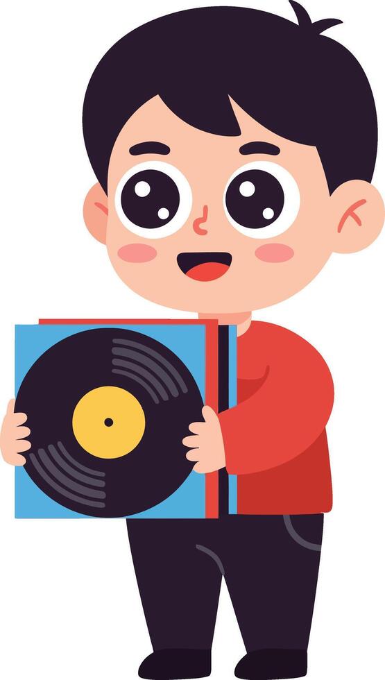 Boy holding vinyl record smiling with black hair and red shirt illustration vector
