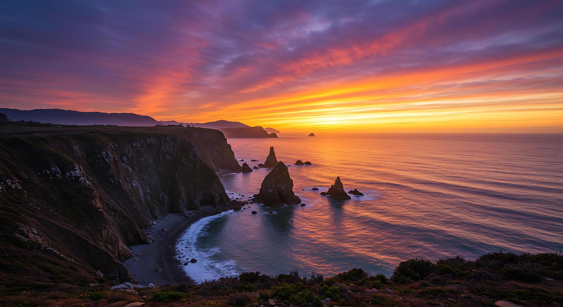 Sunset over the ocean with cliffs and rocks photo