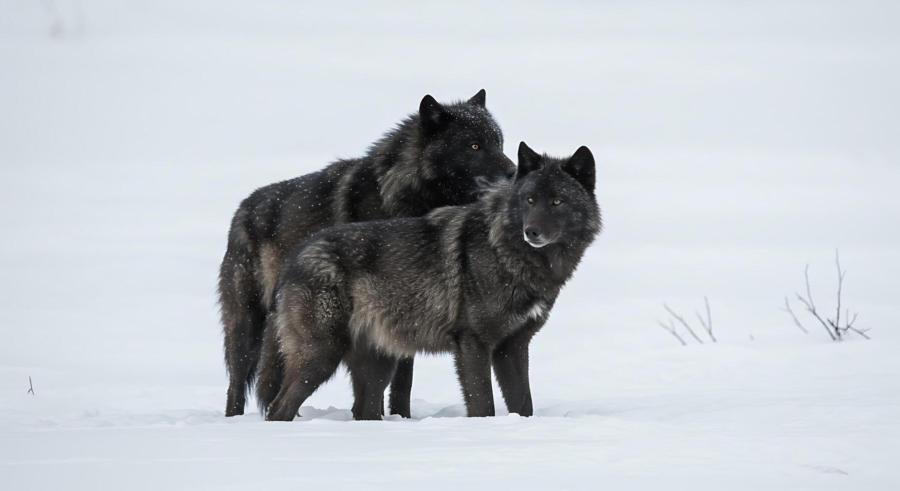 Two black wolfs standing in the snow photo