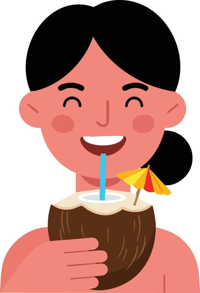 Woman enjoying coconut drink with umbrella and straw refreshing tropical summer lifestyle illustration vector