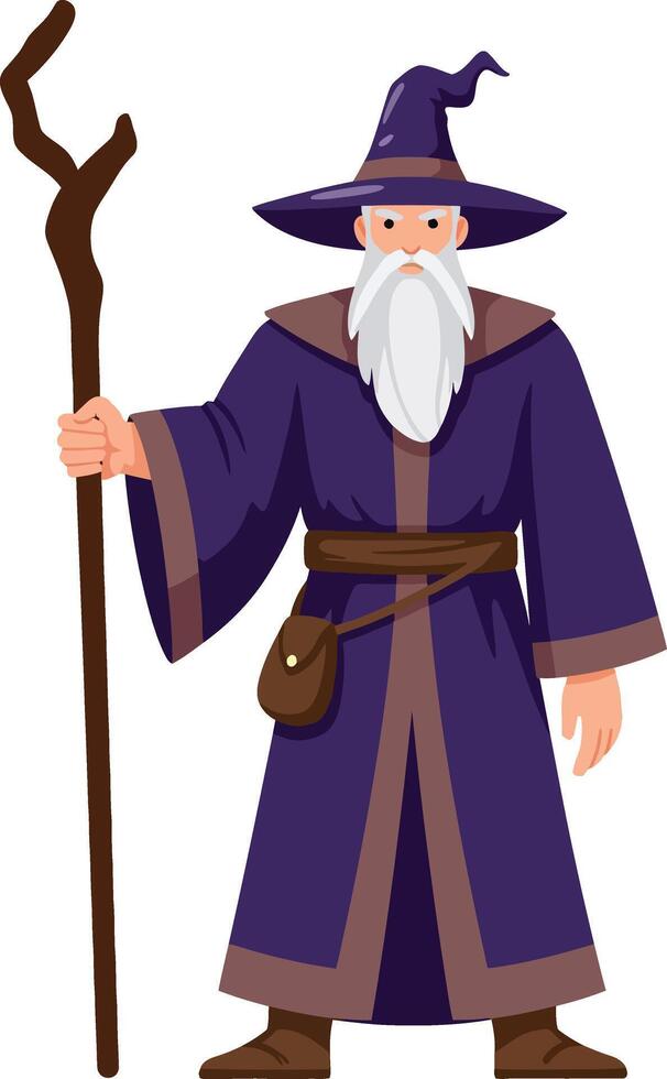 Wizard character in purple robe with wooden staff fantasy magic illustration design vector