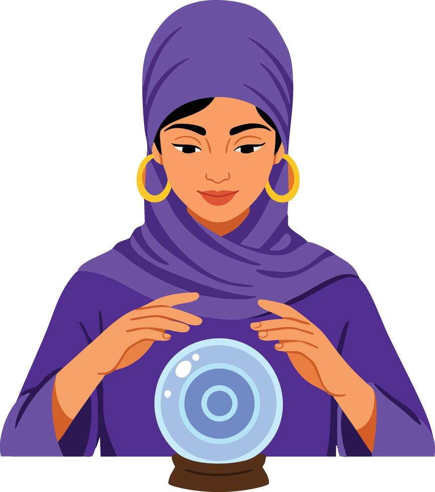 Woman in purple headscarf and robe gazing into glowing crystal ball fortune teller illustration vector