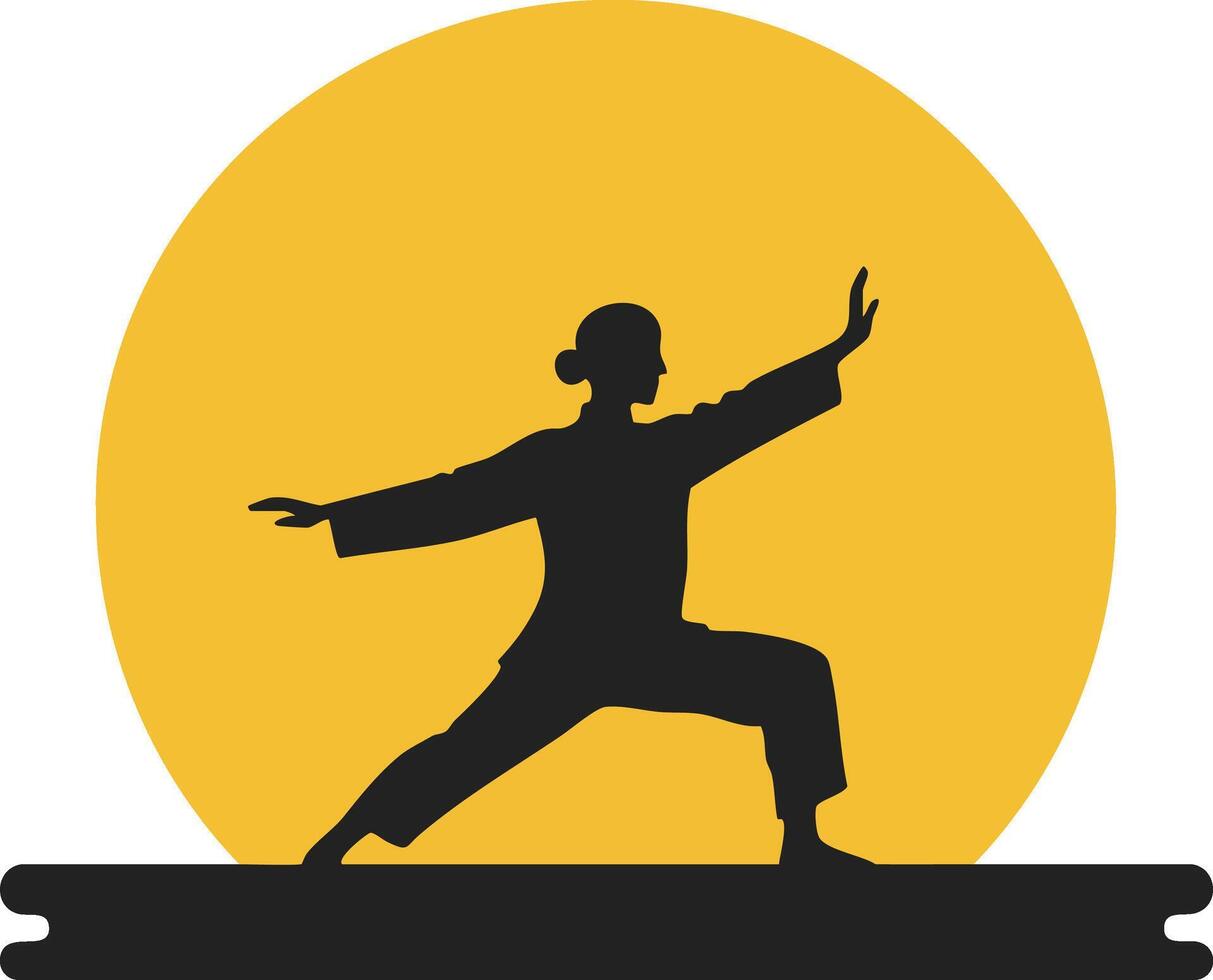 Silhouette of Person Practicing Martial Arts Tai Chi with Yellow Sun Background Illustration vector