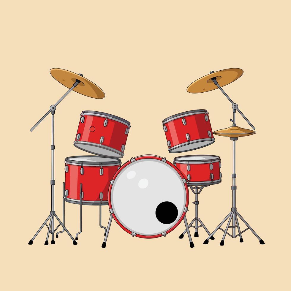 Red drum set with cymbals and stands illustration in music instrument style vector