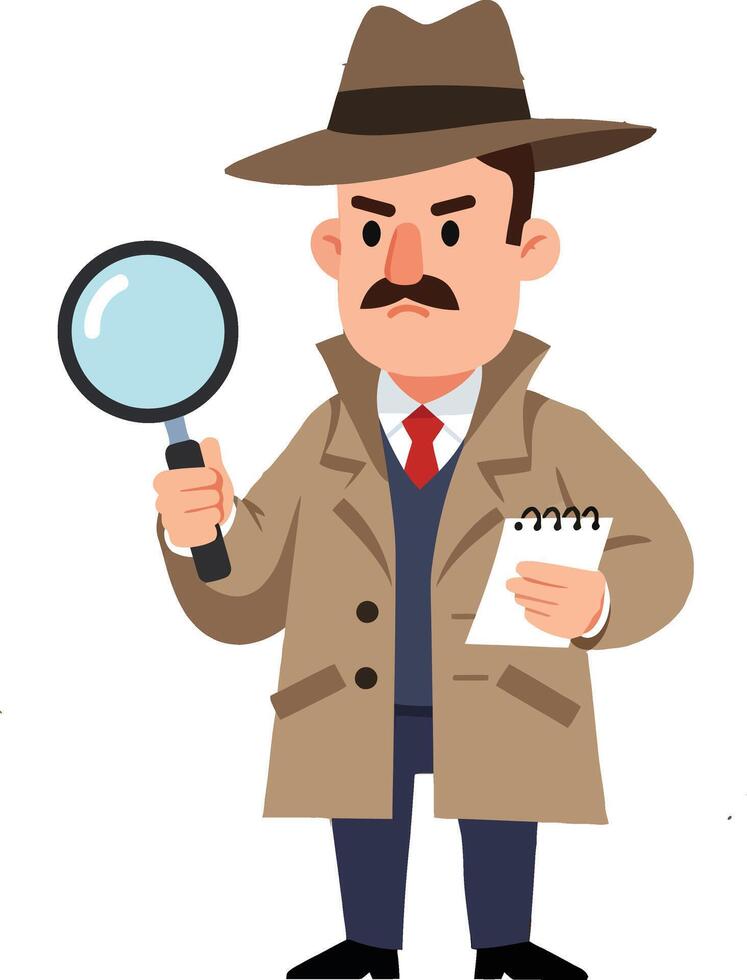 Detective with magnifying glass and notepad in classic trench coat and fedora hat investigation concept illustration vector