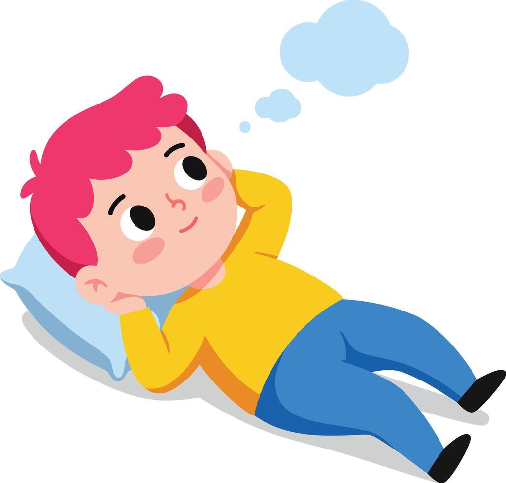 Boy with pink hair lying on pillow thinking with thought bubble above head illustration vector