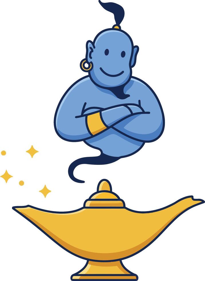 Blue genie cartoon character emerging from golden magic lamp illustration with sparkling stars vector