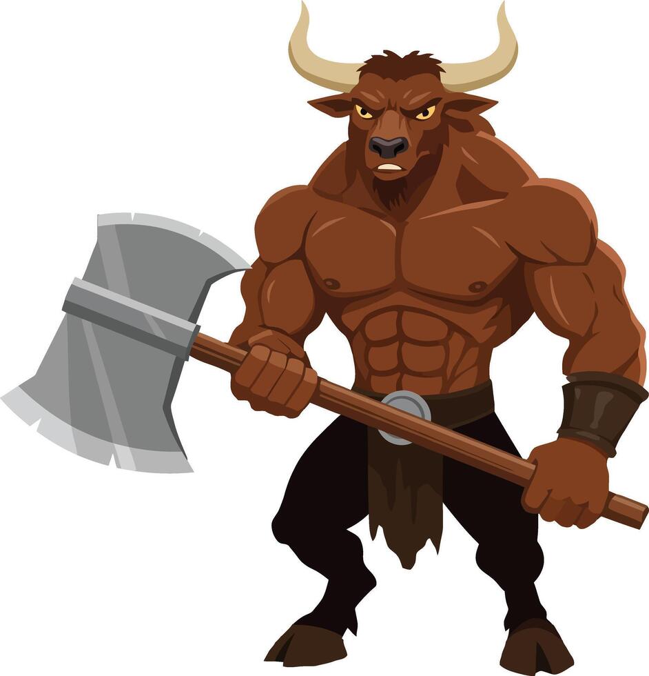 Muscular minotaur warrior holding large battle axe fantasy creature illustration vector