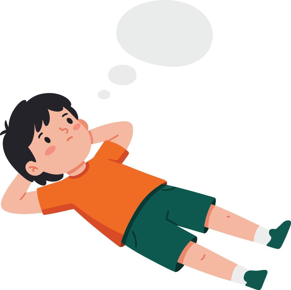 Child lying on floor thinking with thought bubble in casual orange shirt and green shorts illustration vector
