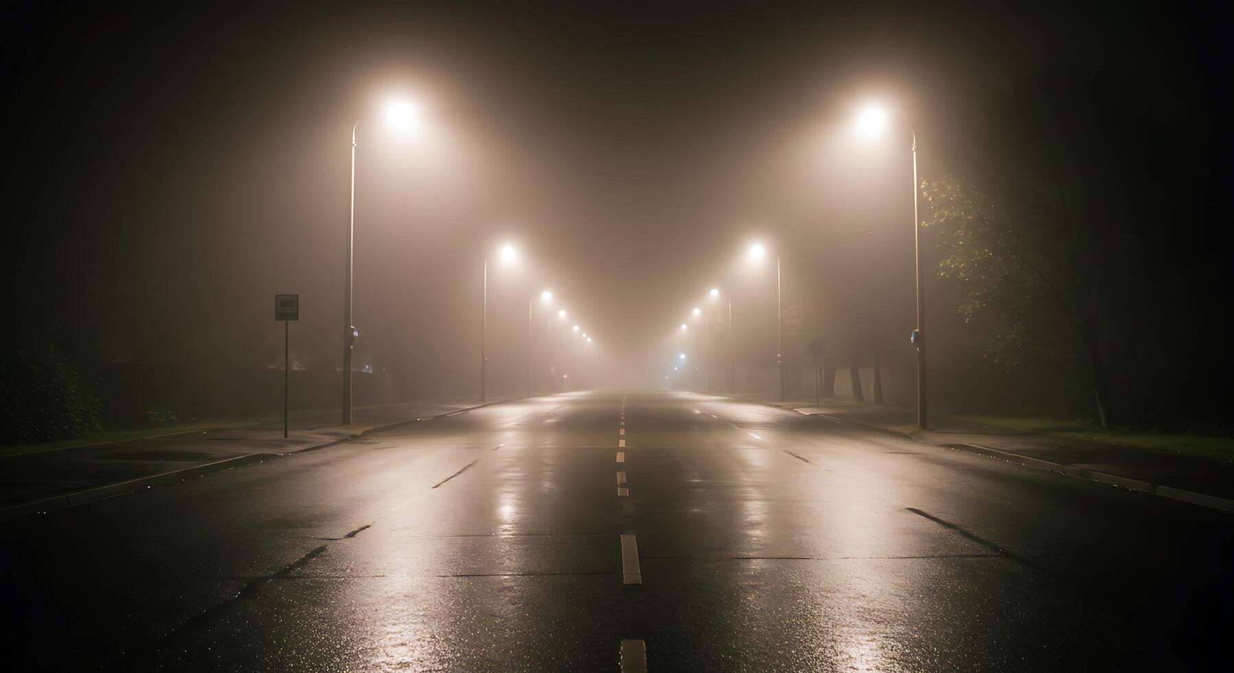 A street is empty at night with street lights photo
