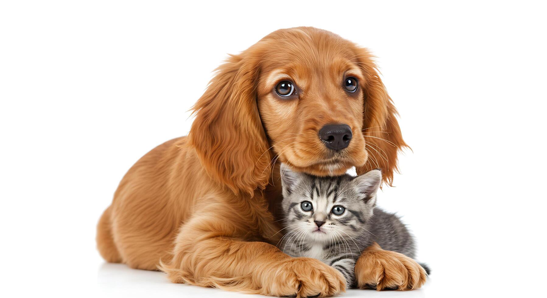 A dog and a kitten are laying together photo