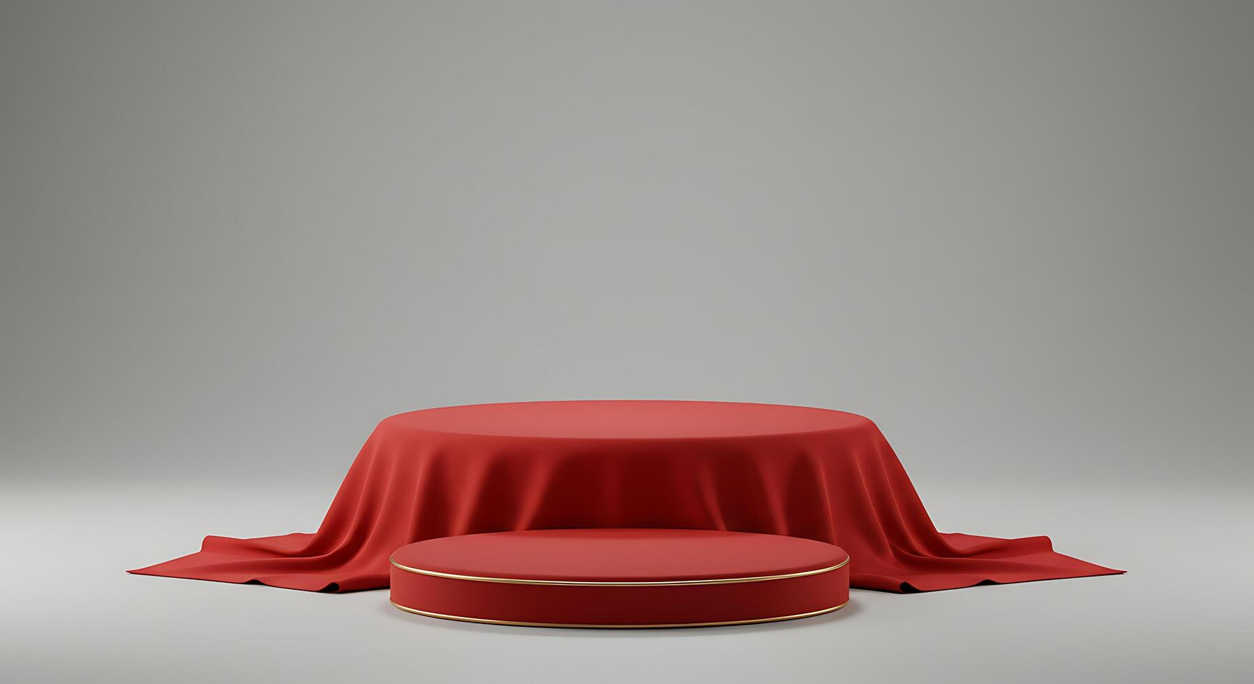 A red table cloth and a stool sitting on a gray background photo