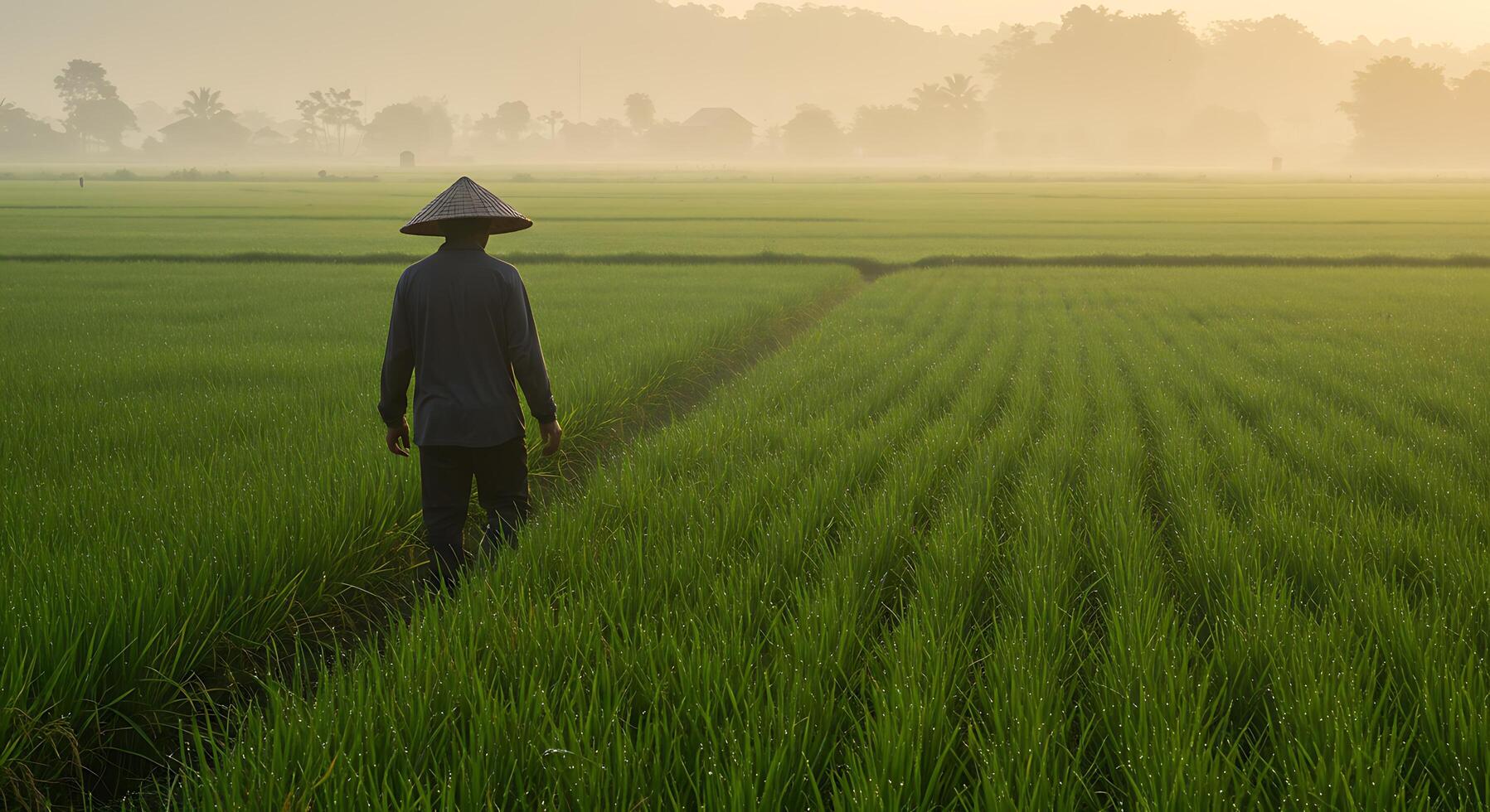 A man walking through a field of green grass photo