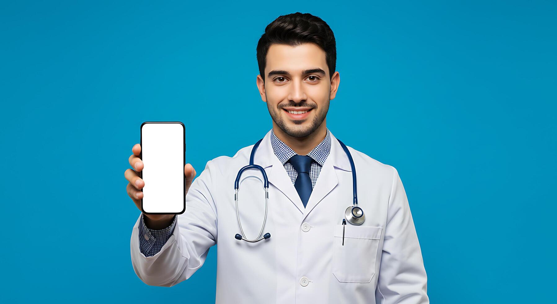 A male doctor holding up a phone with a blank screen photo