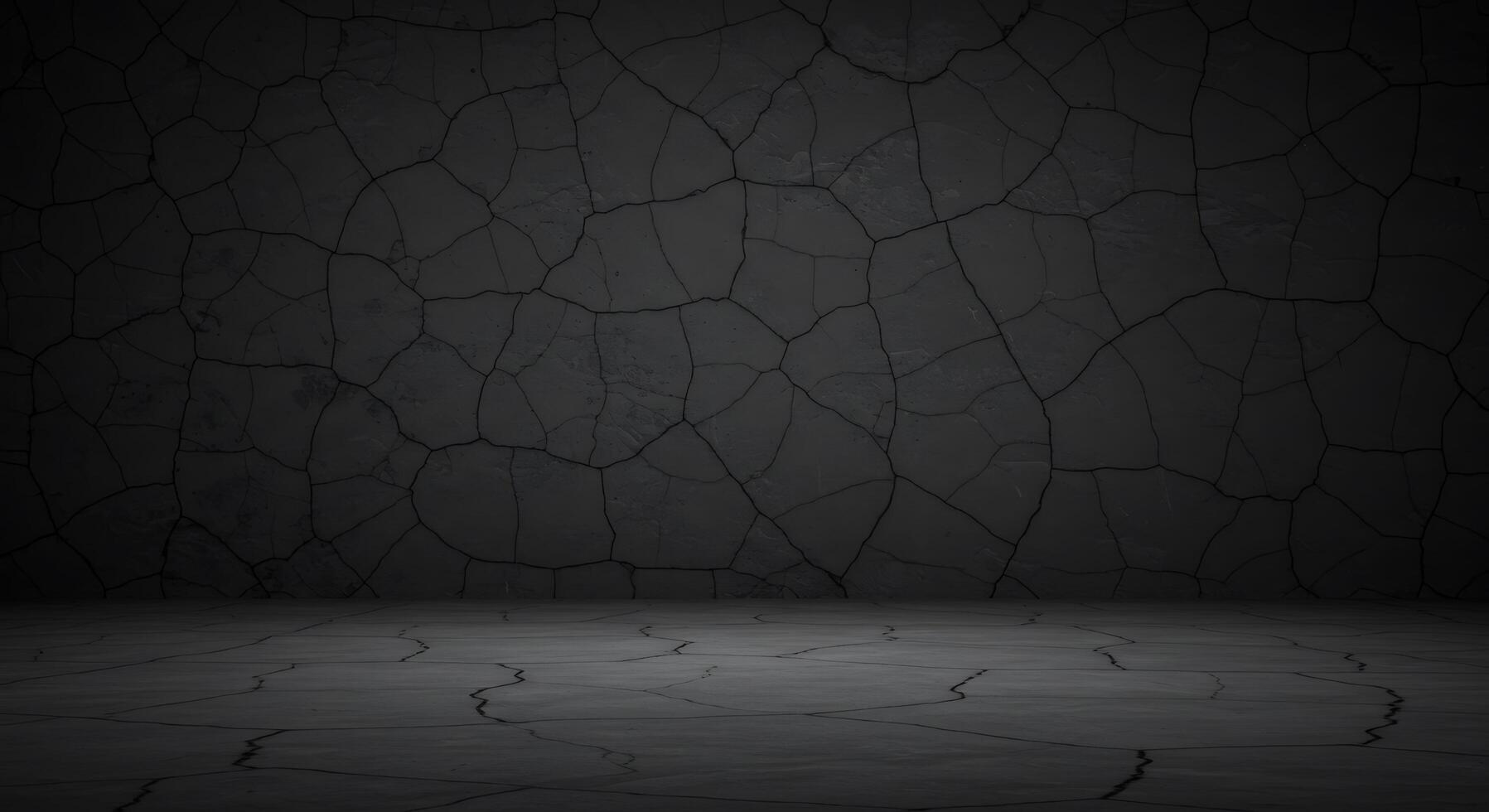 A dark room with cracked walls and a cracked floor photo