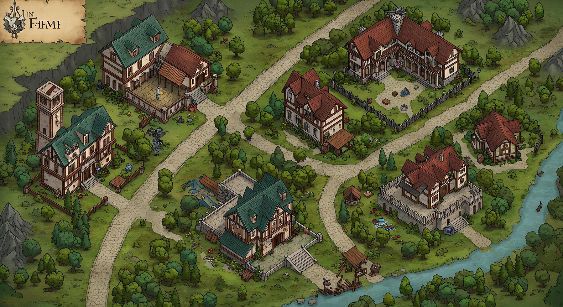A map of a medieval town with houses and trees photo