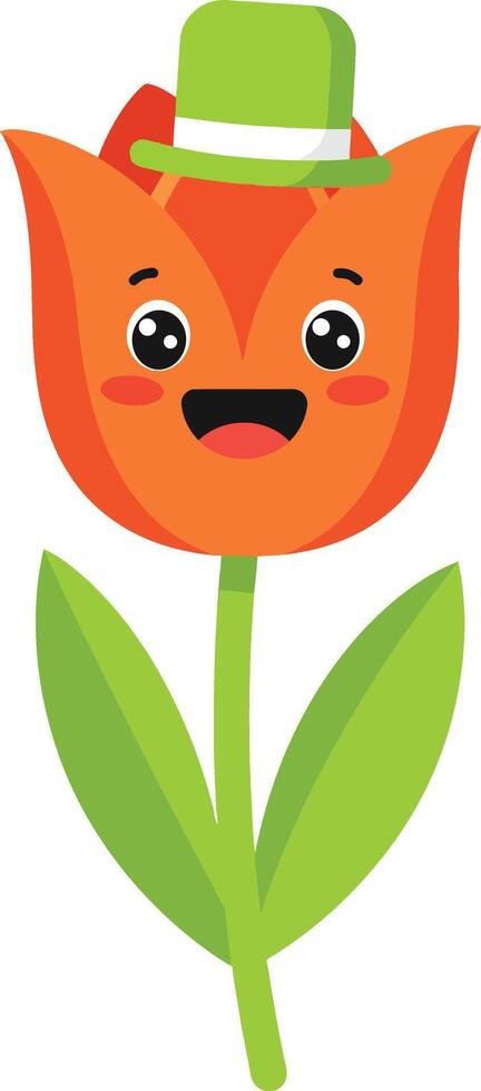 Happy orange tulip flower character with green hat smiling illustration in cute style for spring designs vector