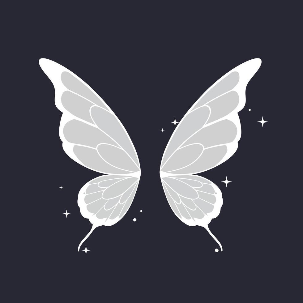 White butterfly wings illustration with sparkling stars on dark background for design and decoration purposes vector