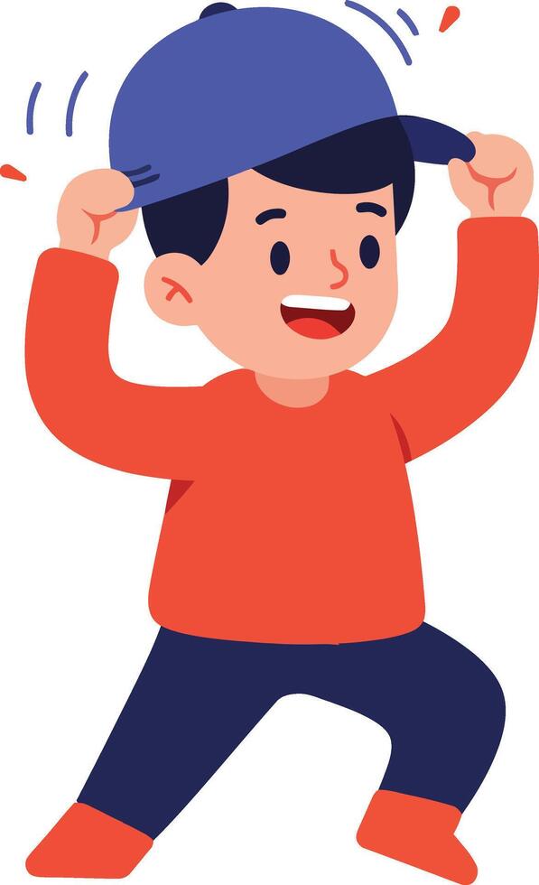 Happy boy wearing blue cap and red sweater celebrating with joyful expression and raised hands illustration vector