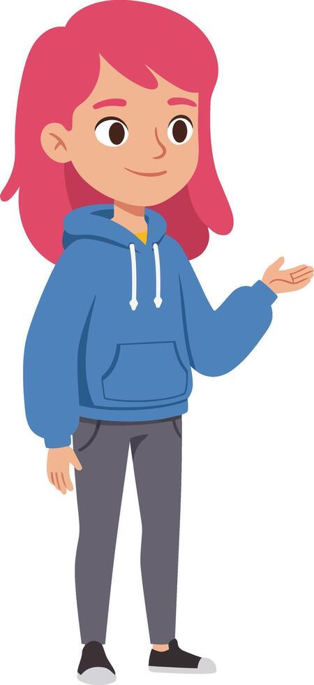 Girl with pink hair wearing blue hoodie and gray pants standing and gesturing illustration vector