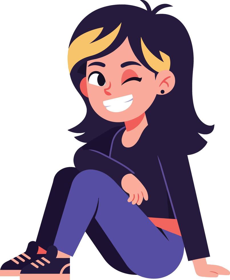 Young girl sitting on floor smiling and winking with casual outfit and dark hair illustration vector