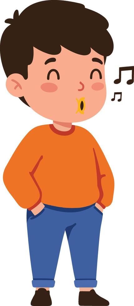 Boy Whistling and Standing with Hands in Pockets Wearing Orange Sweater and Blue Pants Illustration vector