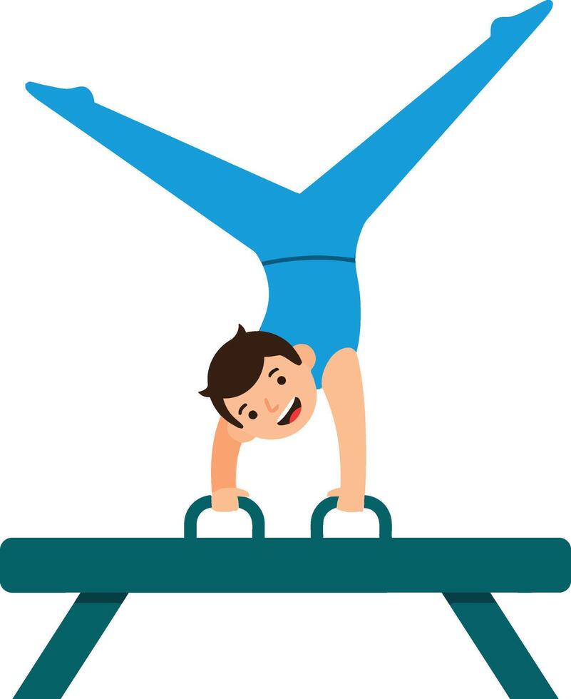 Boy performing handstand on pommel horse gymnastic equipment in blue outfit illustration vector