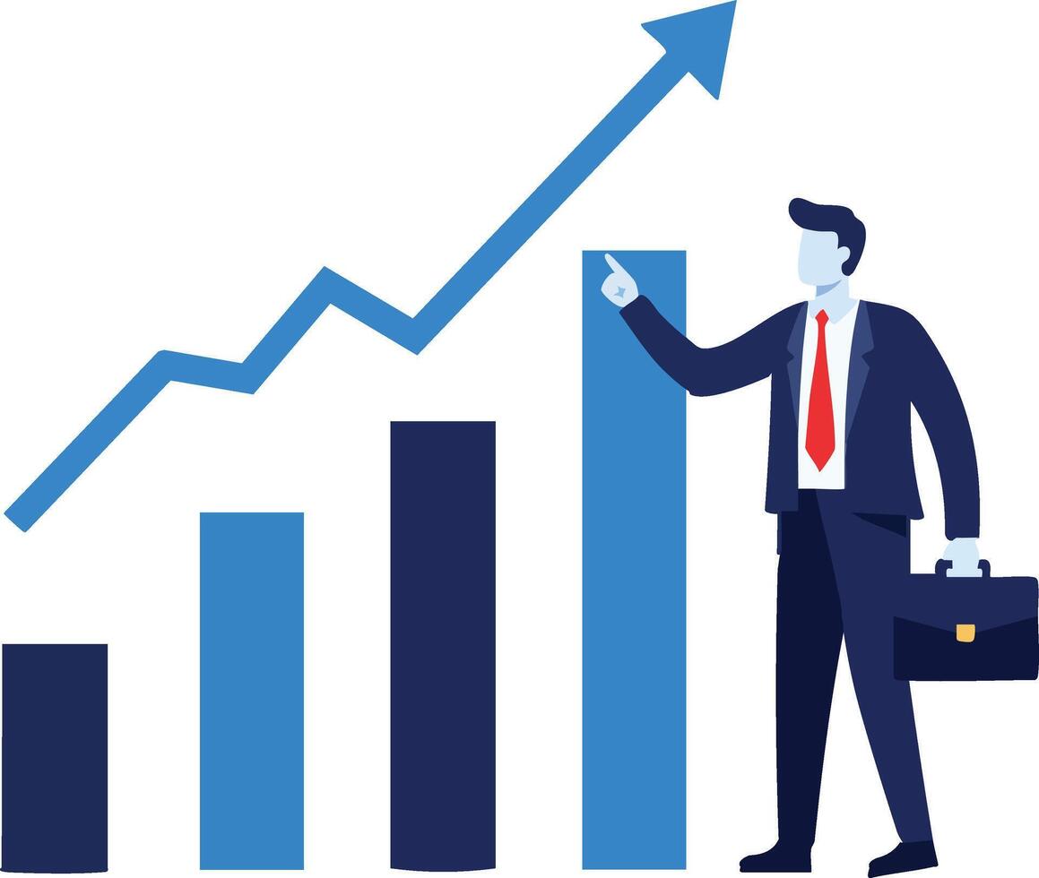 Businessman with briefcase pointing at rising blue bar chart and arrow growth illustration vector