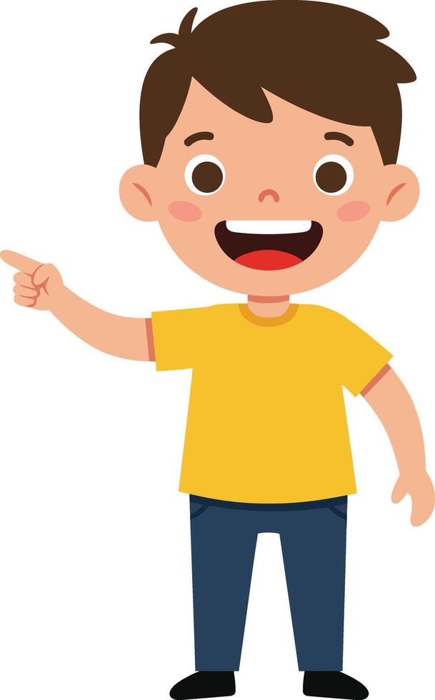 Happy boy smiling and pointing finger wearing yellow shirt and blue pants illustration vector