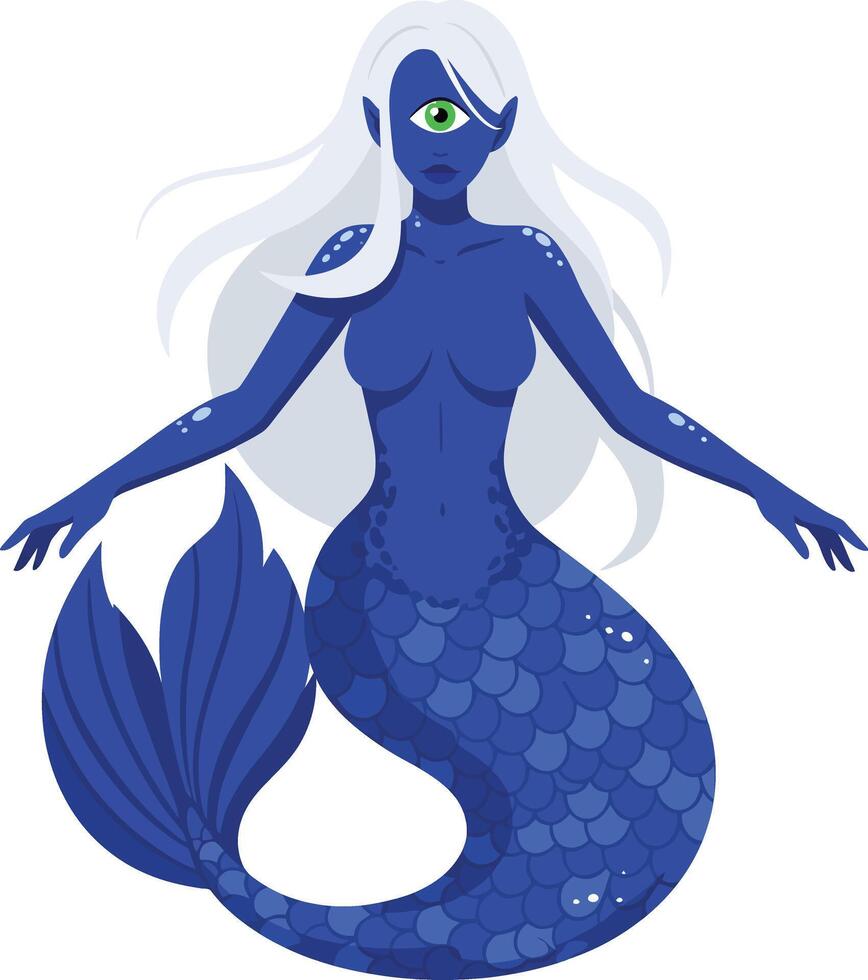 Cyclops mermaid with blue scales and white hair fantasy sea creature illustration vector