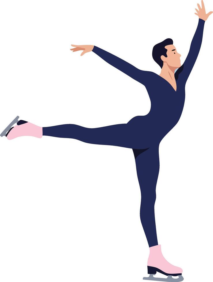 Male figure skater performing elegant arabesque pose in navy outfit and pink skates illustration vector