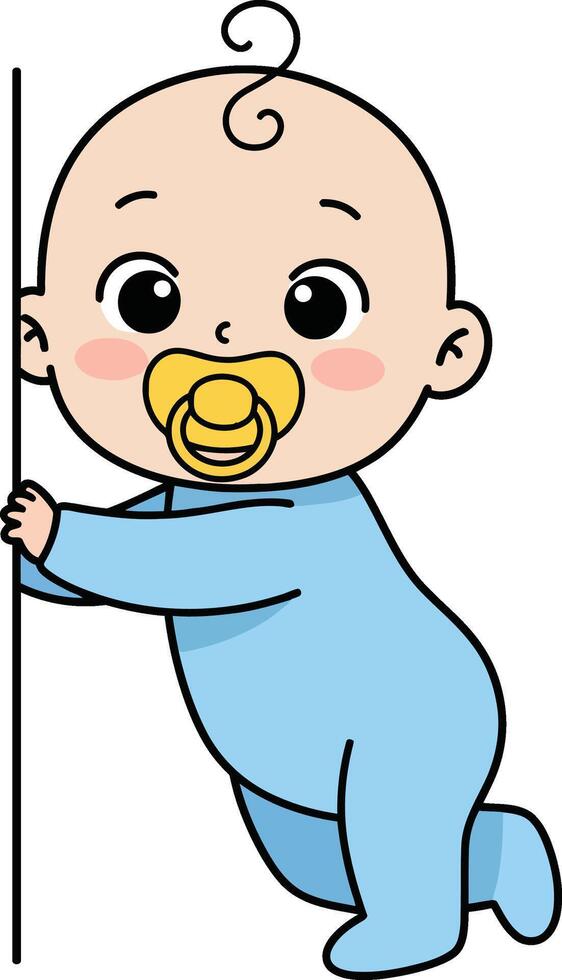 Baby with pacifier standing and holding a vertical line in blue outfit illustration vector