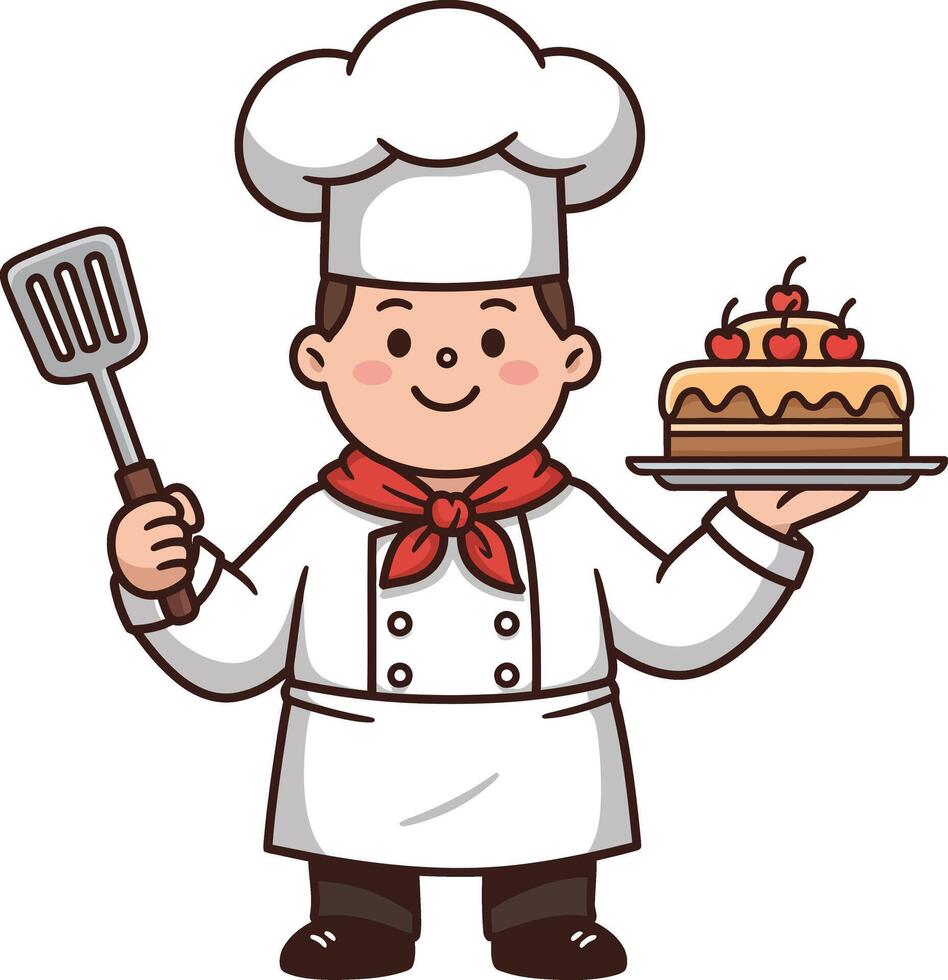 Chef character holding a spatula and a cake with cherries in cartoon style illustration vector