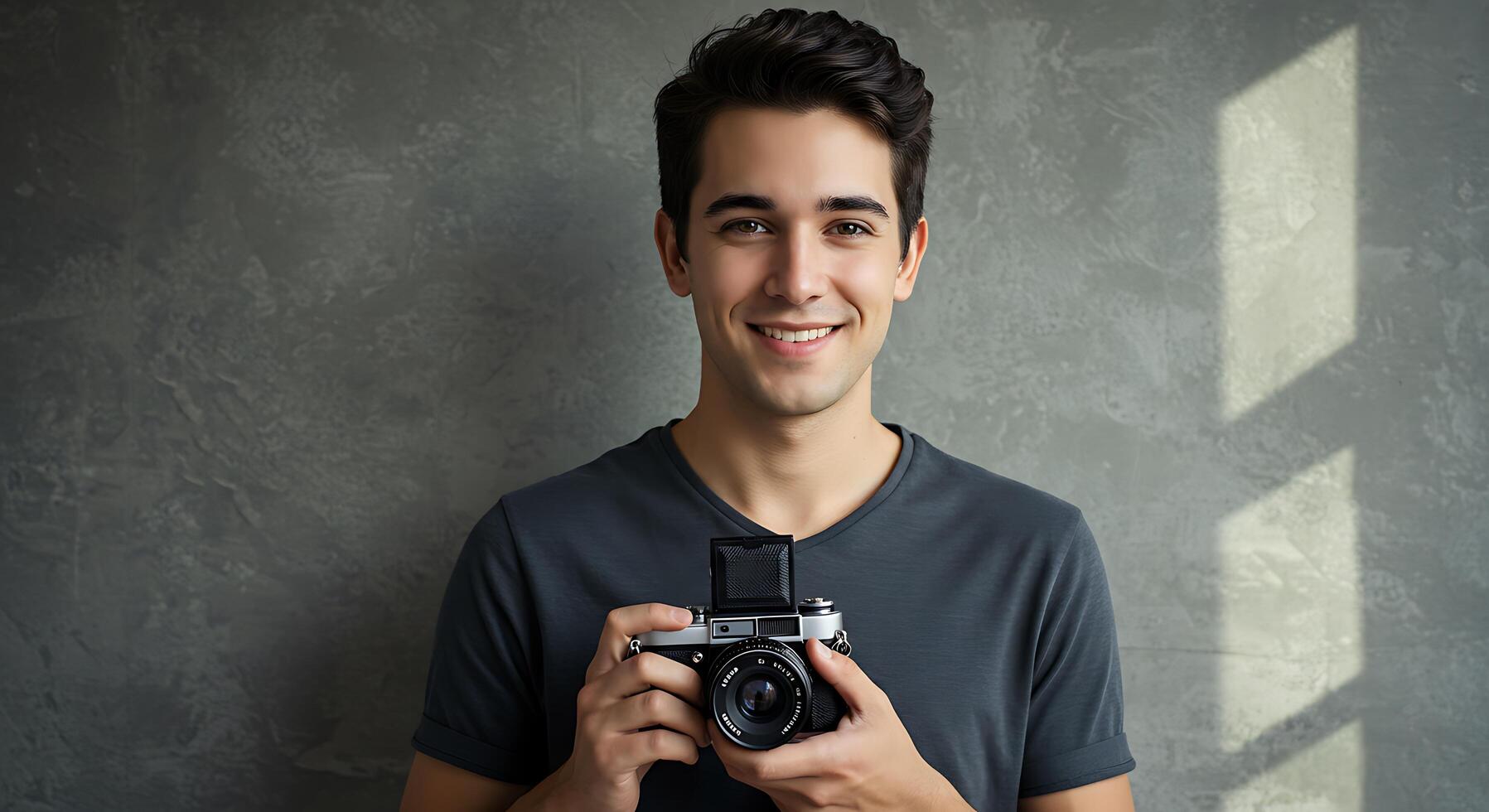 A man holding a camera in front of a wall photo